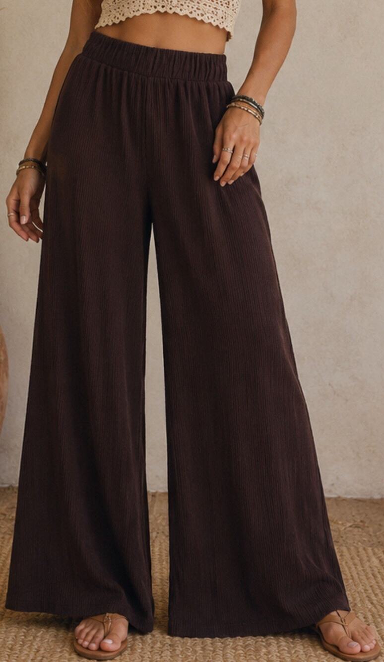 Dressed in LALA Ribbed Wide Leg Pull On Pants Size S Brown Lagenlook Boho Comfy